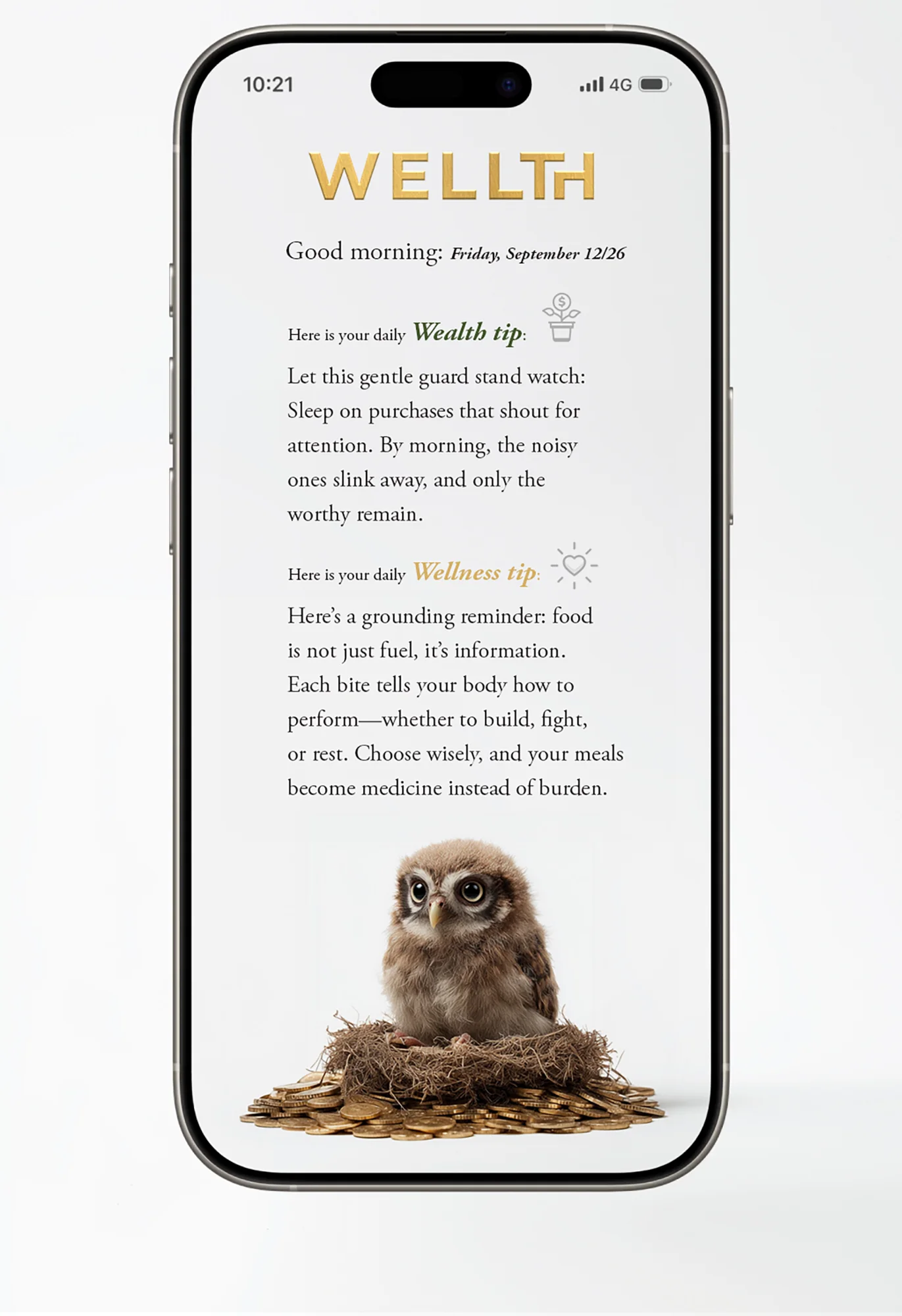 WELLTH App on iPhone - showing daily wealth and wellness tips with owl mascot